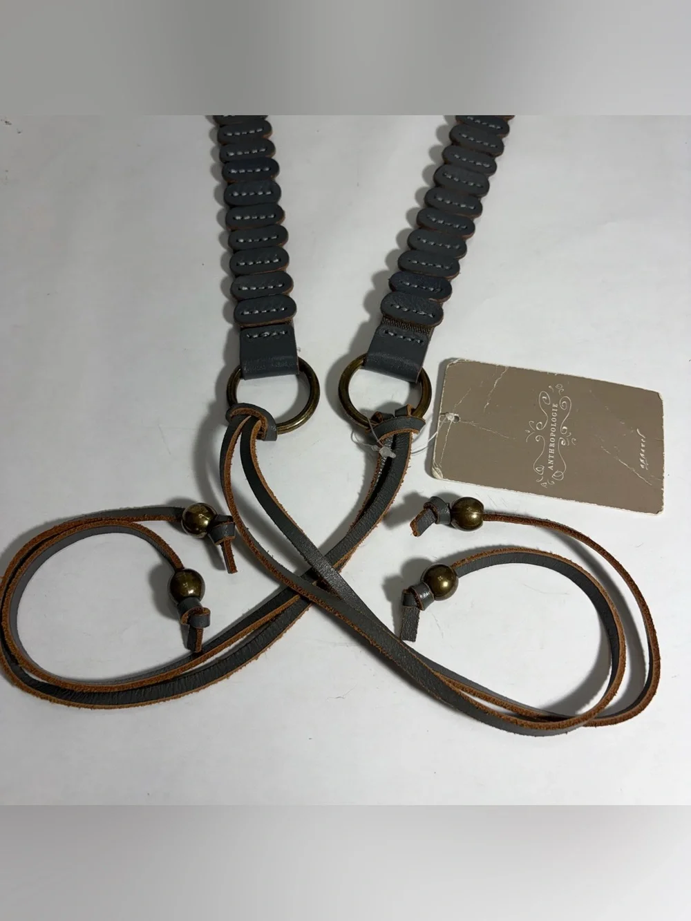 NWT Anthropologie Dark Grey Leather Oval Segment Stretch Tie Belt Brass Beads M